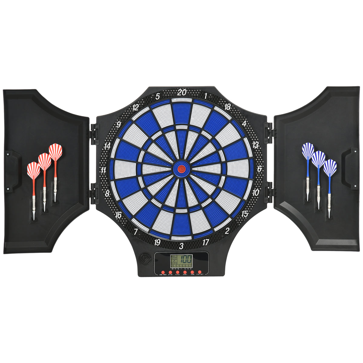 Electronic dartboard, 31 games and 285 variations, for 8 players, 2 doors, 6 darts, sound, black, 83 x 45 x 4 cm