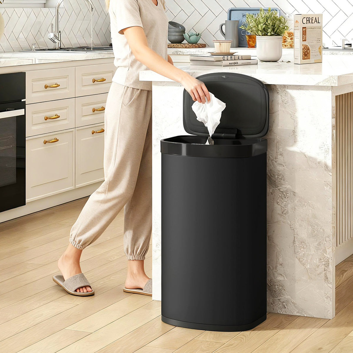 55L Sensor Trash Can, Stainless Steel Waste Bin with Soft-Close Lid, for Kitchen, Gym, Office, Black (2)