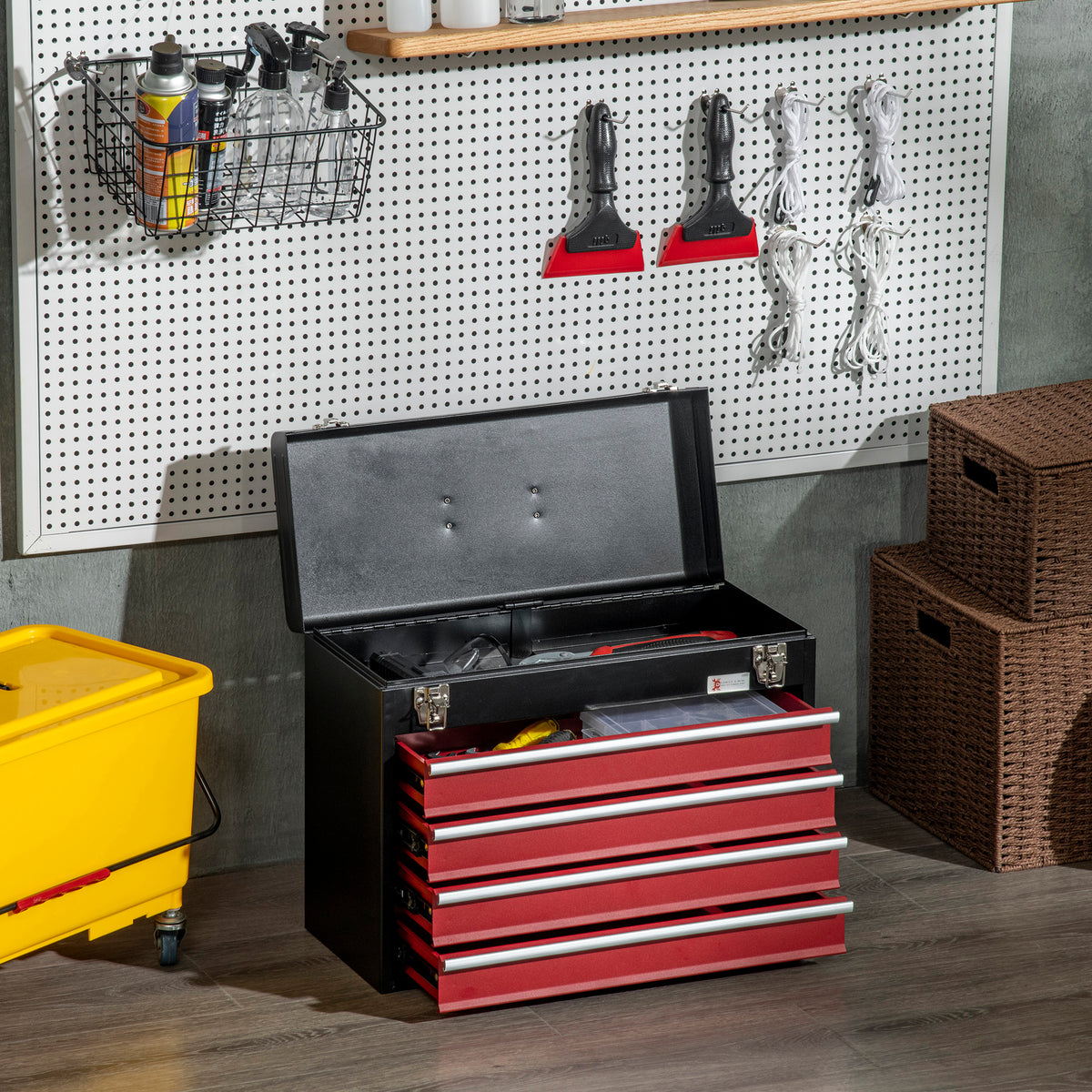 Toolbox, tool chest, 4 drawers, lockable, steel housing, black+red, 51 x 22 x 39.5cm (2)