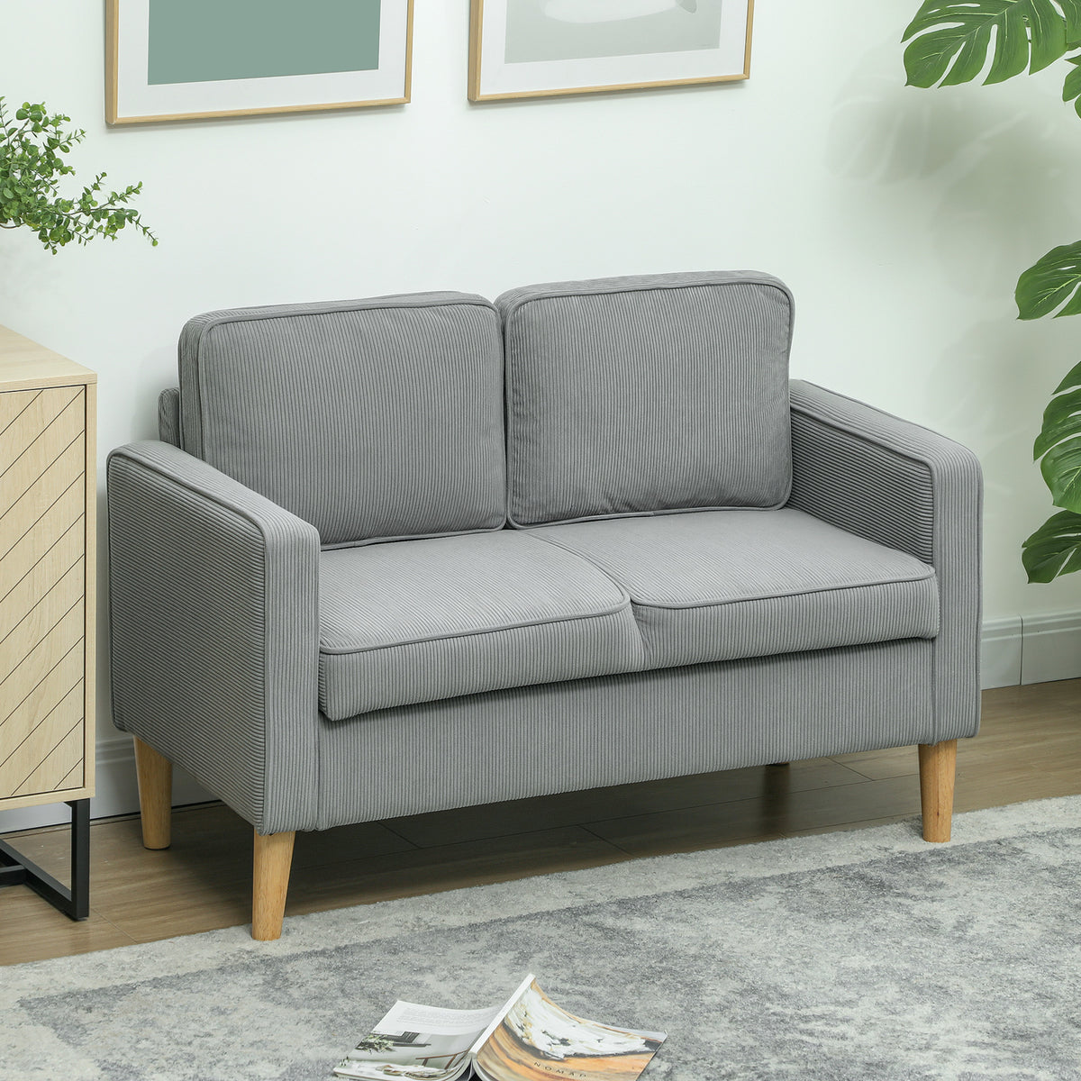 Two-seater sofa with storage space and solid wooden legs, for living room, bedroom, 117 x 63 x 79 cm, light gray (2)