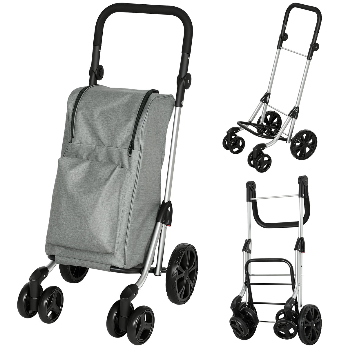 Shopping trolley, 46-liter bag, foldable shopping cart with cooler bag, adjustable handle, aluminum frame, gray
