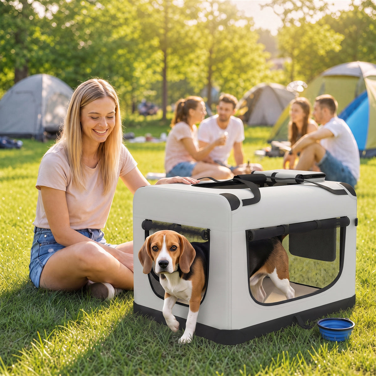 Pet carrier bag, soft-sided dog carrier with safety leash, cushion and bowl, light gray (2)