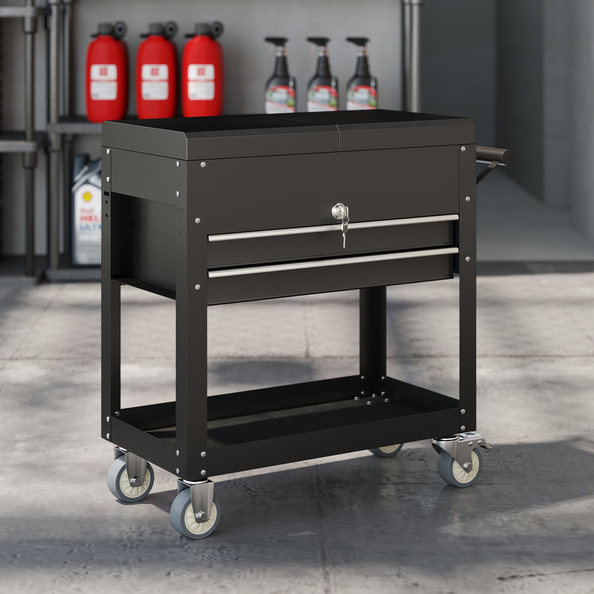 Rolling tool cabinet, tool chest with drawers, work surface, lockable, with handle, steel, black (2)