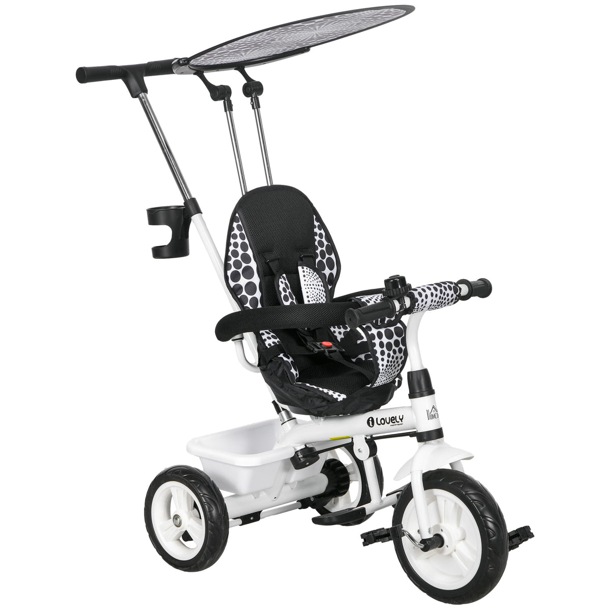 6-in-1 children's tricycle with push handle, canopy, safety belt, storage basket, for 1-5 years, white