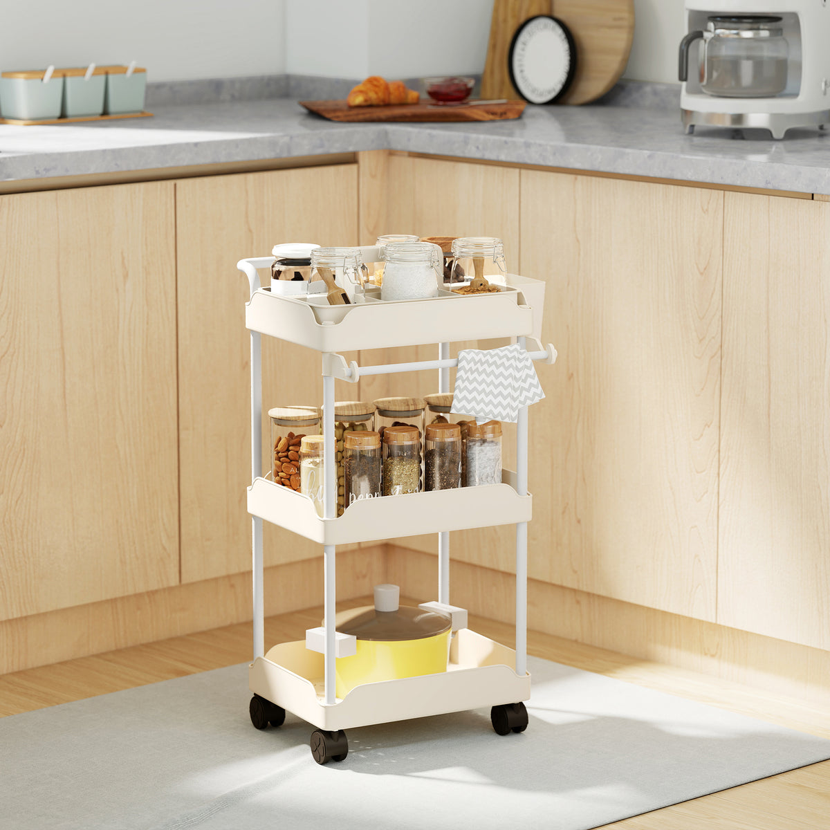 Storage cart, 3 baskets, towel rack, wheels, handle, metal frame, white (2)