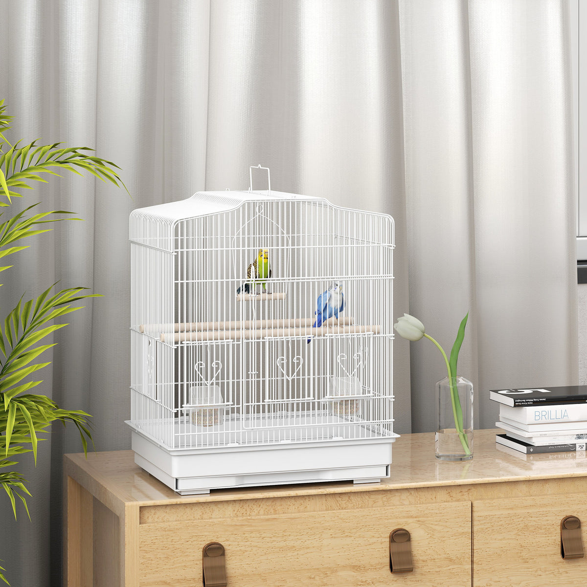 Vintage-style bird cage for small bird species, incl. accessories, 46.5 x 36 x 59 cm, steel, wood, white + (2)