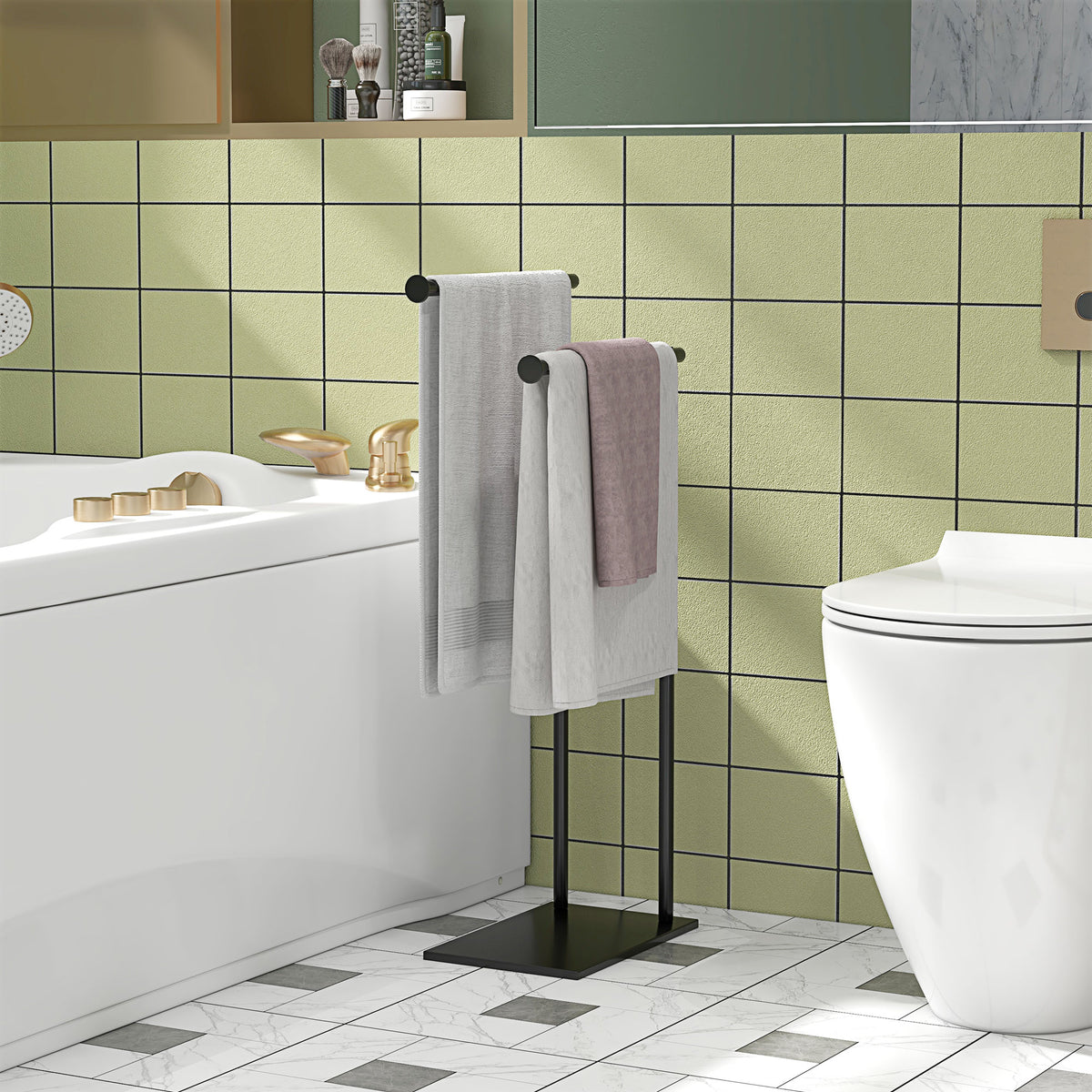 Freestanding Towel Holder, Towel Rack with 2 Rails for Bathroom, Bath Towels Black 35.5 x 20 x 78 cm (2)