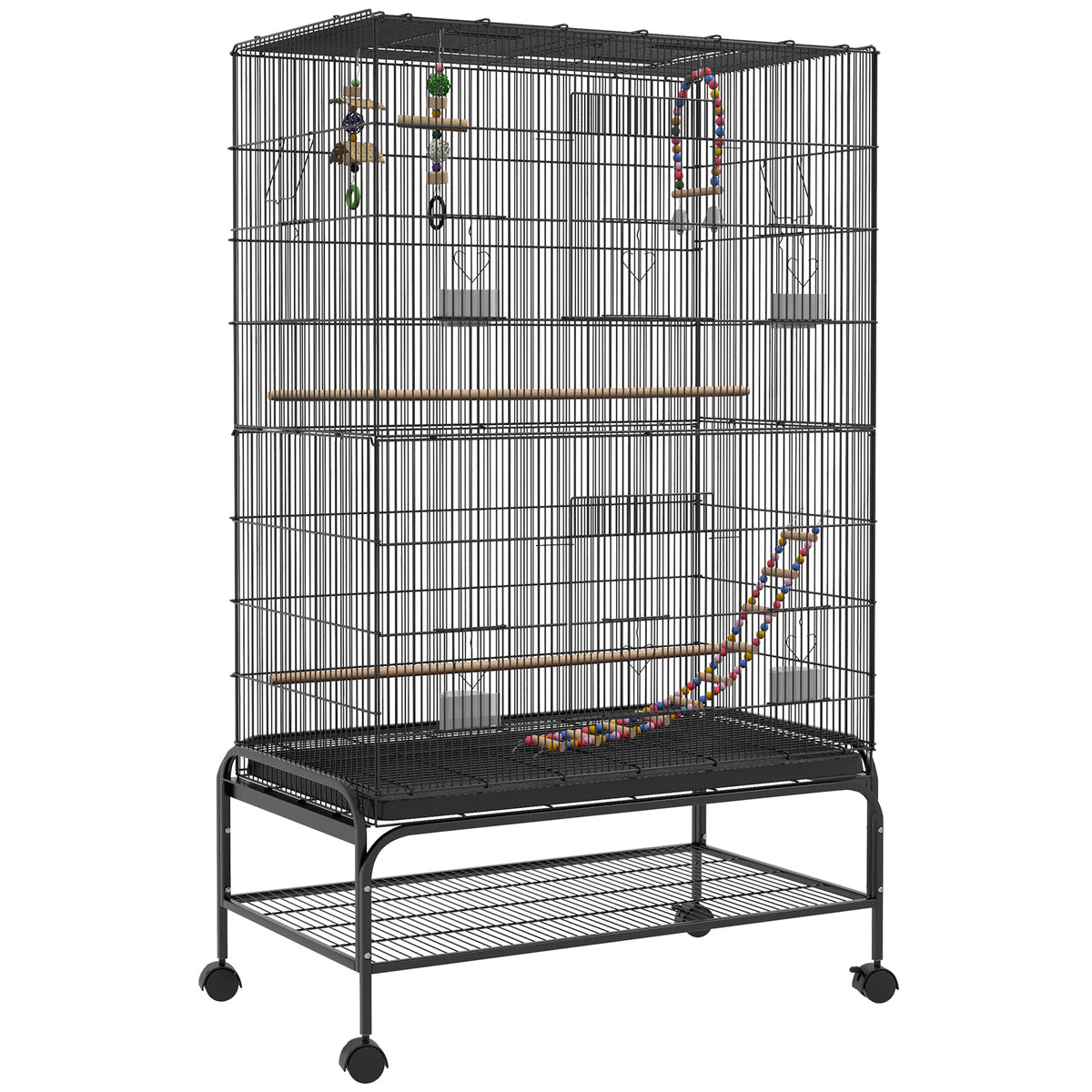 Bird cage including perches, bird toys, removable tray, black