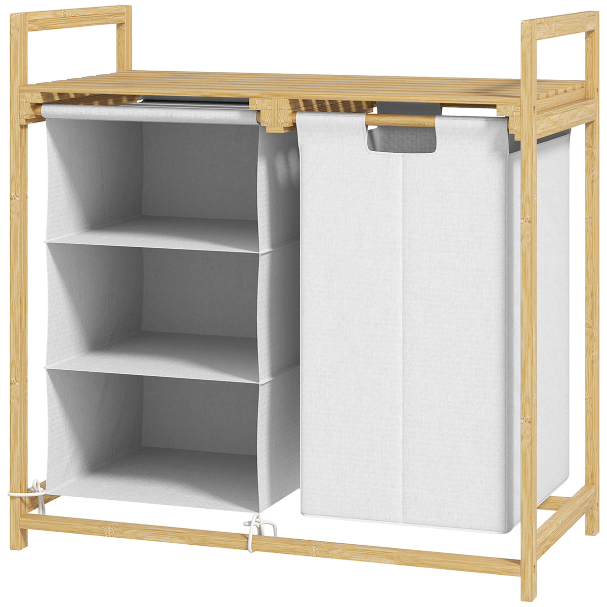 Laundry basket with laundry bag, fabric drawer, bamboo, 70x36x70 cm, white/wood