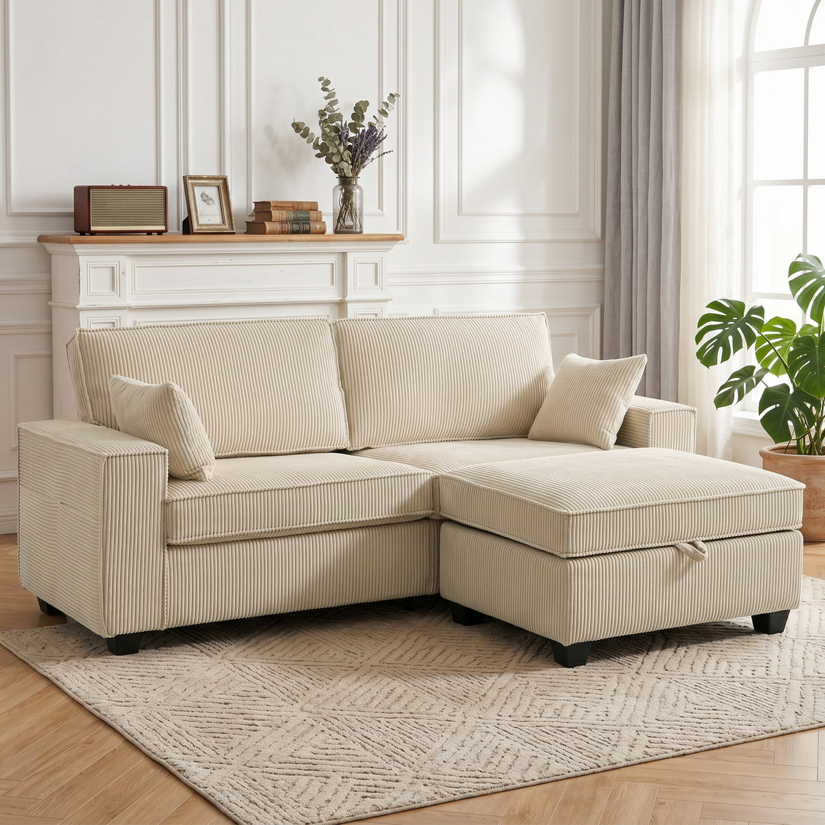 Corner Sofa 216 cm 3-Seater L-Shaped Sofa with Reversible Storage Ottoman, Corduroy Look, Wide Seat, for Living (2)