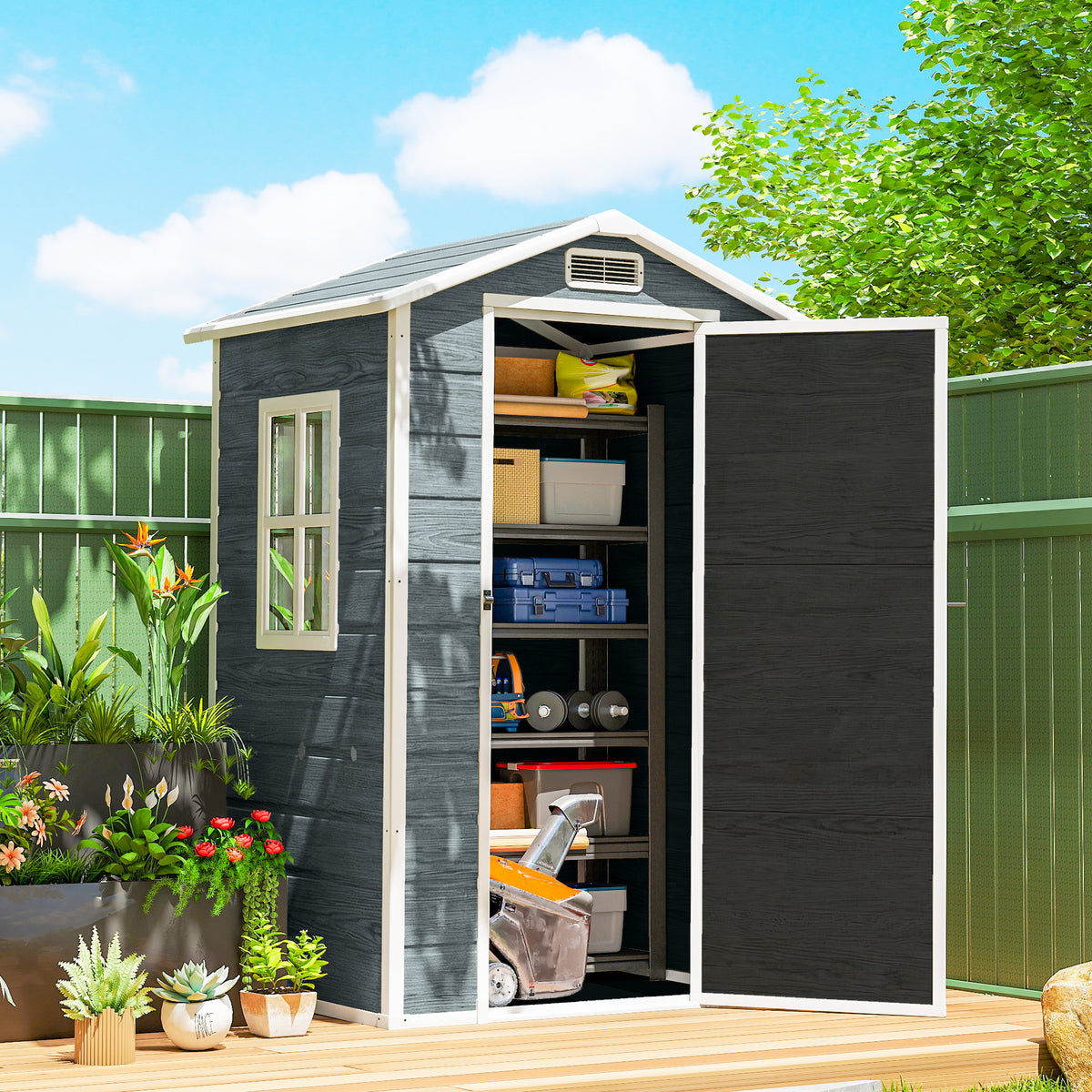 1.1 m² Tool Shed, Wood-Look Garden Shed, Window, Gable Roof, Ventilation, Floor, Lock, Gloves, Grey (2)