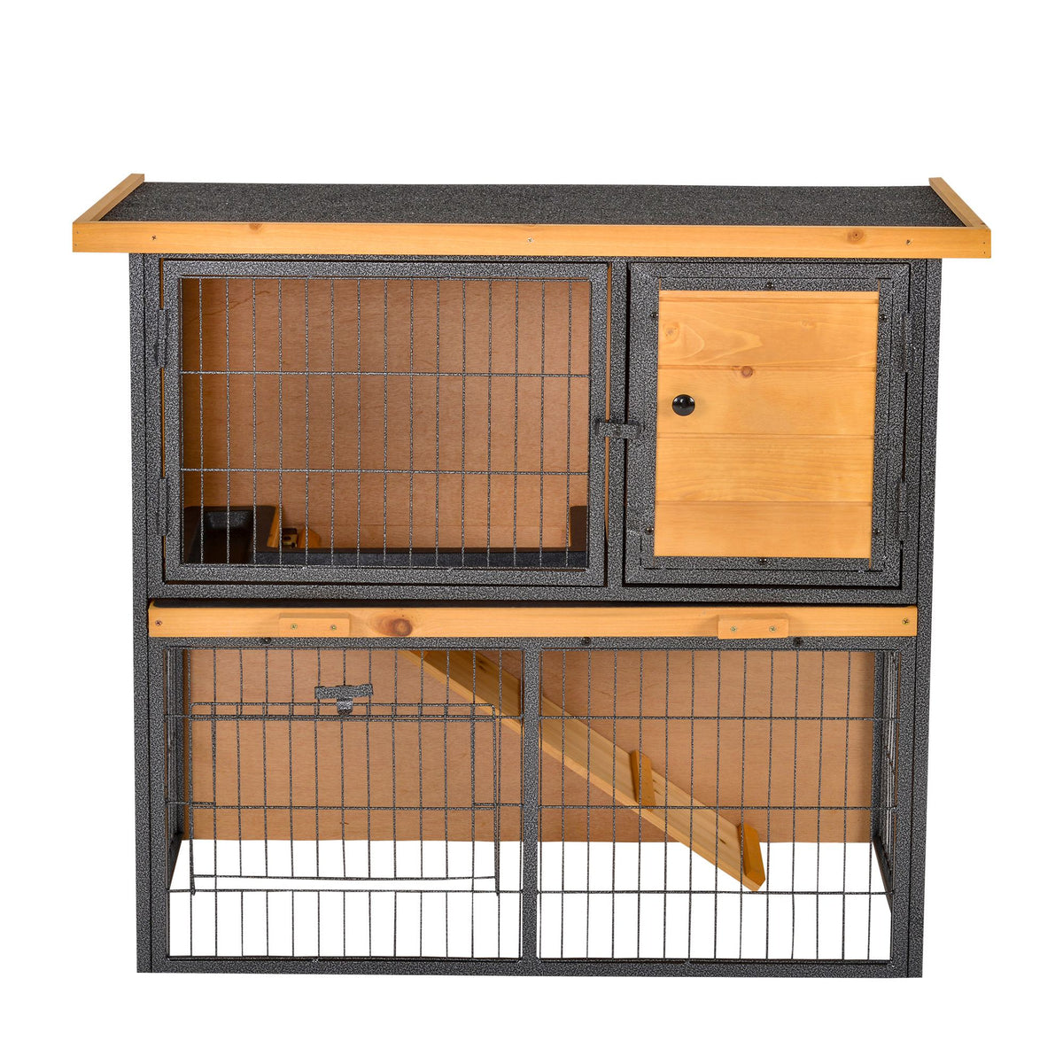 Small animal hutch, raised pet house cage with lockable door, wood-metal, light yellow, 89.5 x 45 x 81 cm