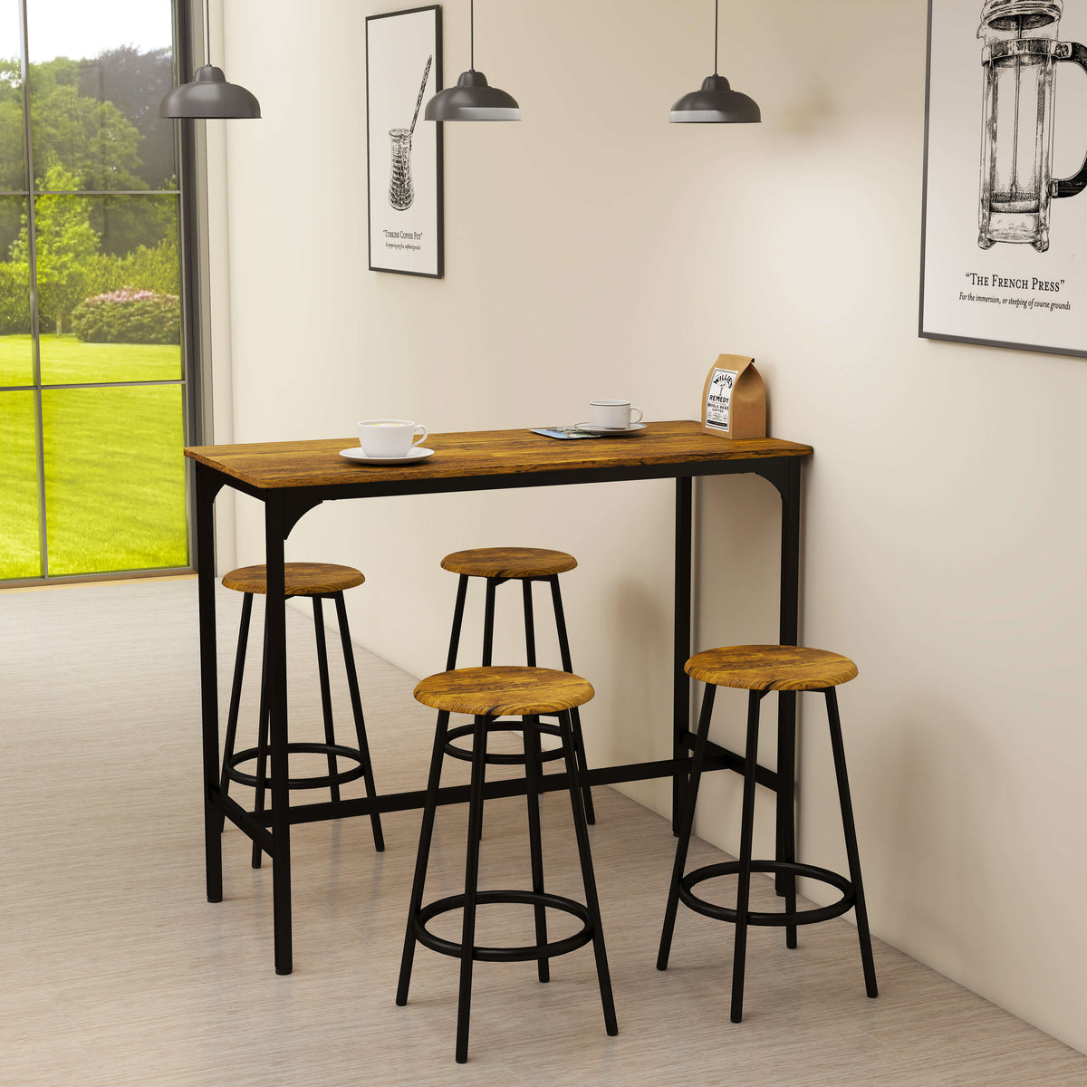 5-piece bar table set in industrial design, 1 bar table, 4 bar stools, dining set, kitchen counter, black + (2)