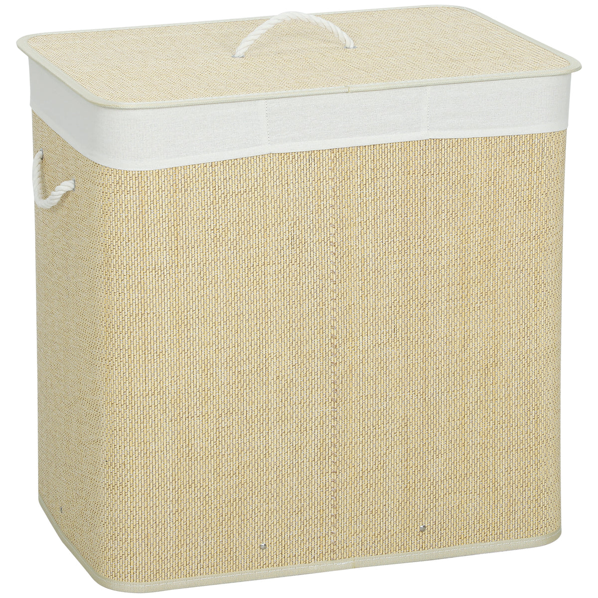 Bamboo laundry hamper with lid, 3 compartments, 144L laundry sorter with rope handles, removable laundry bag