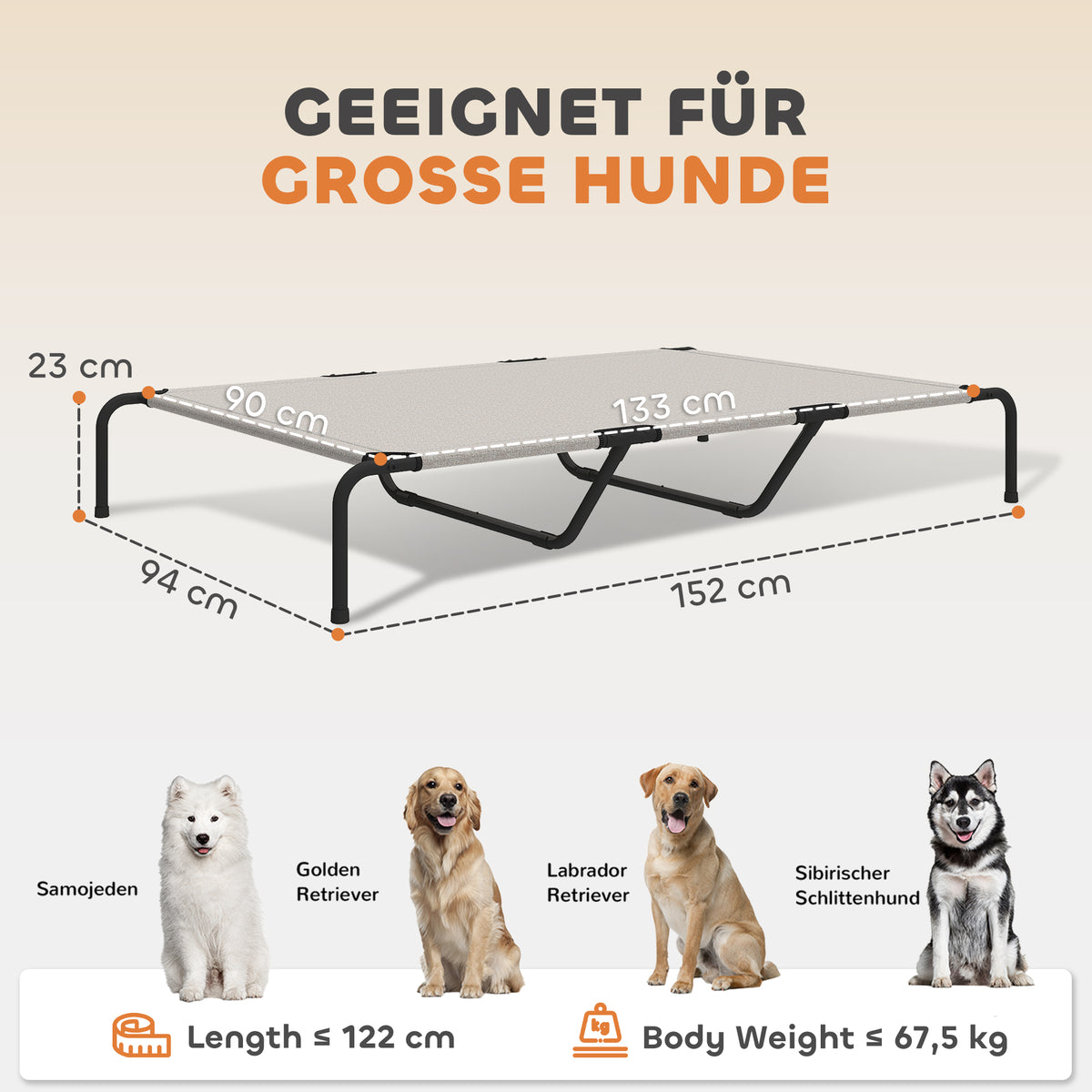 Outdoor Dog Cot, Elevated Dog Bed for Large Dogs, with Steel Frame, Breathable Mesh Fabric, 152x94x23 cm, Beige (3)