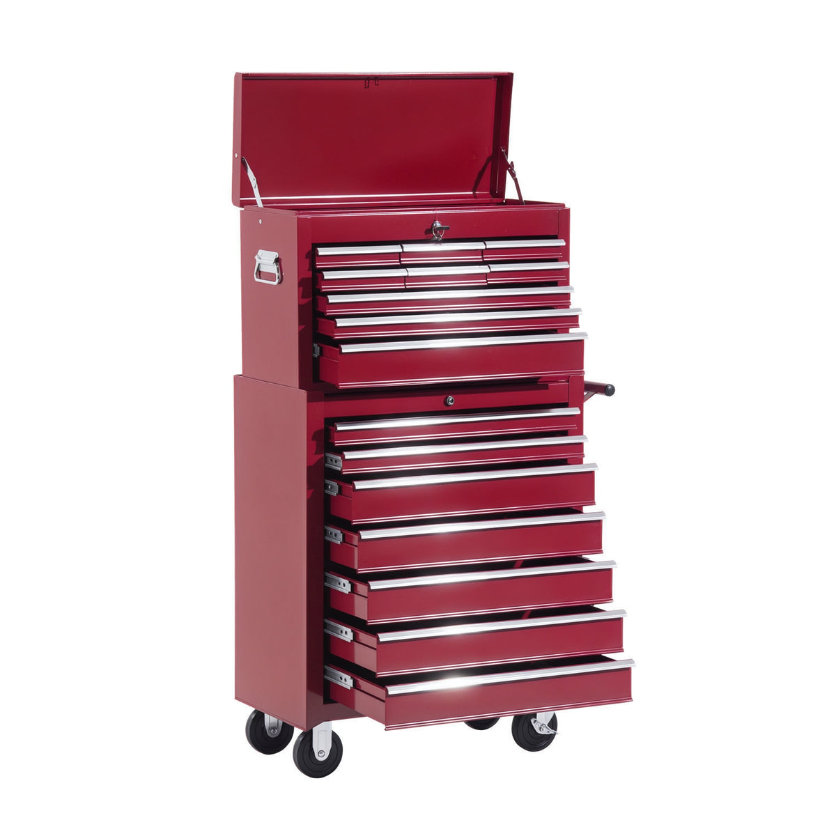 Tool trolley with toolbox, empty lockable tool cart with drawers, tool compartment, keys and non-slip mats, red