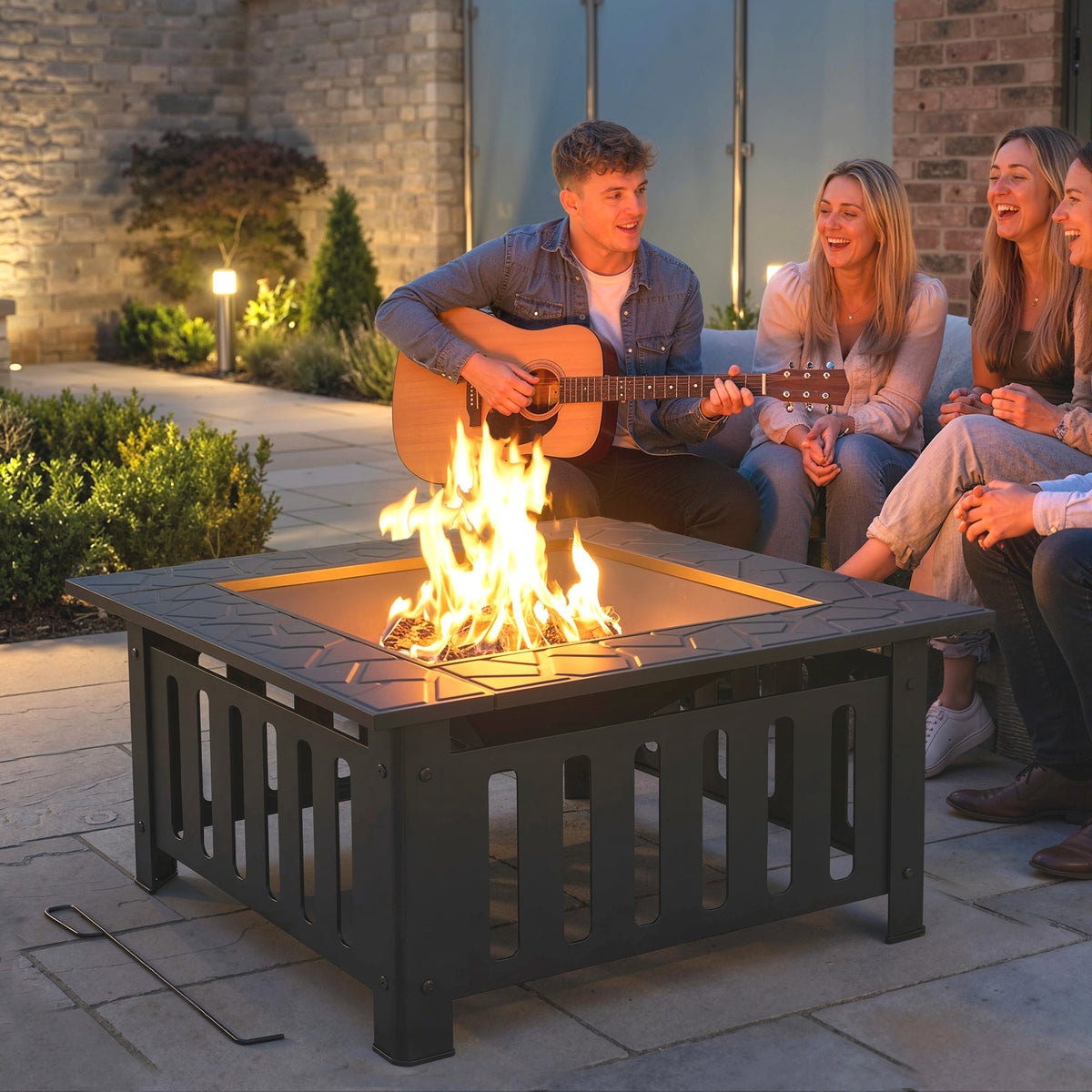 Steel fire pit, outdoor fireplace with spark guard and poker for camping, 67x67x47cm, black (2)