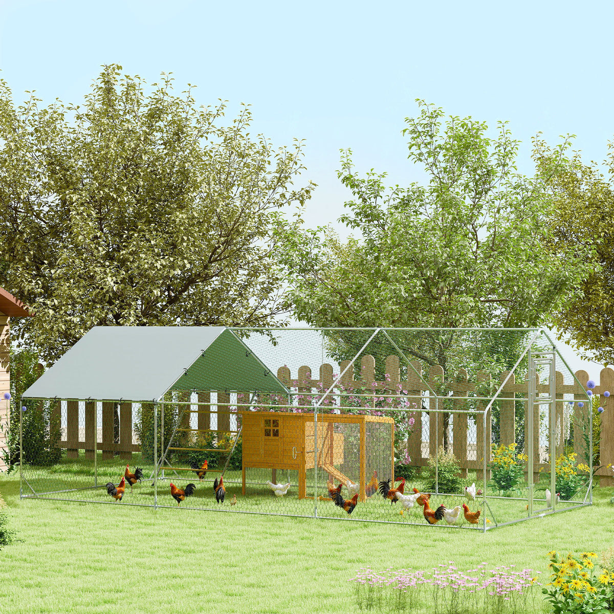 Chicken coop, outdoor run for chickens, with UV-resistant tarp, steel mesh, automatic feeder, for 18-24 chickens (2)