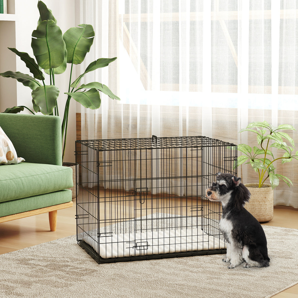 Foldable dog crate, dog box with 2 doors, transport cage with slide-out floor tray and cushion, 75 x 48.5 x 53 (2)