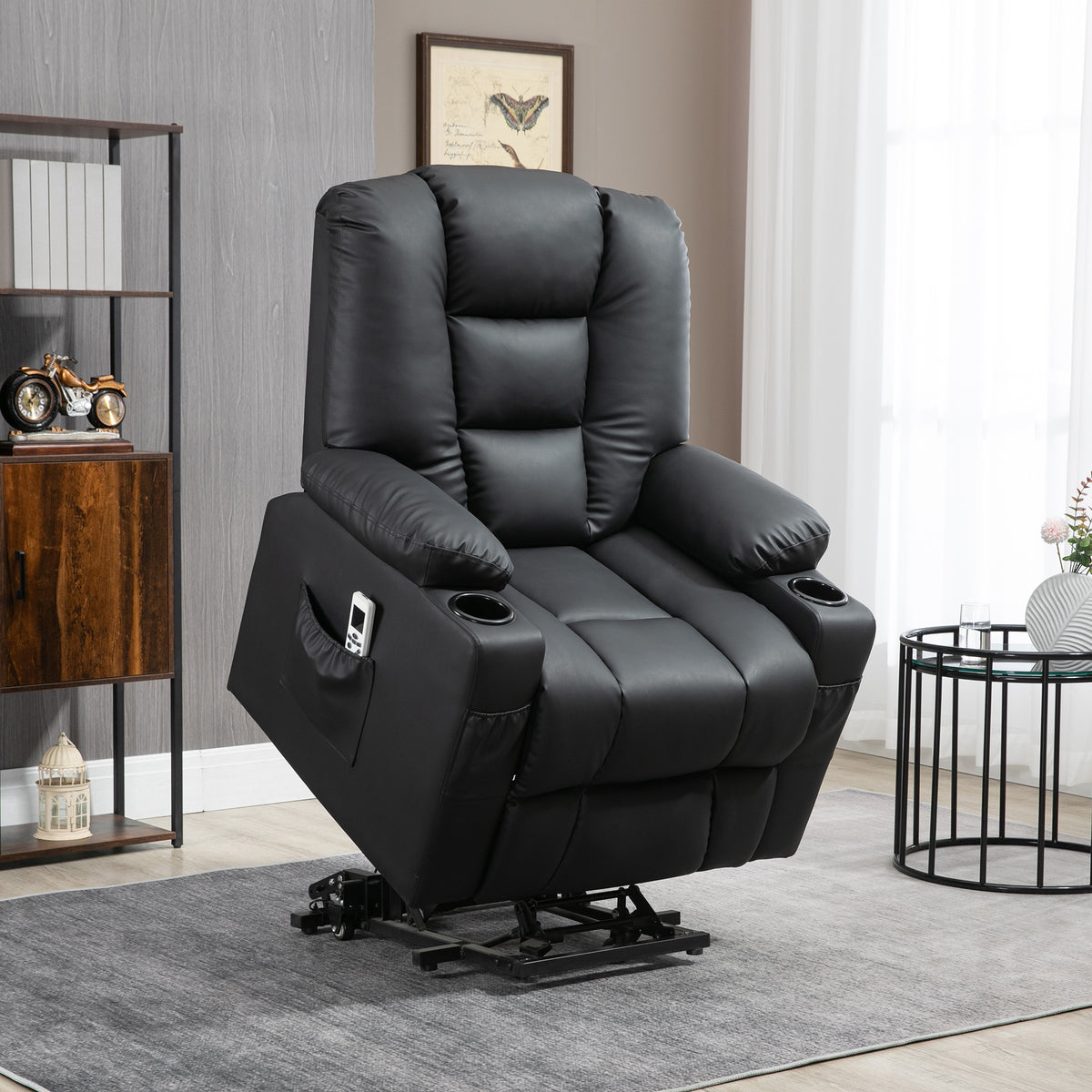 Recliner with lift assist, USB, massage function, faux leather, up to 150 kg, 90x98x102 cm, black (2)