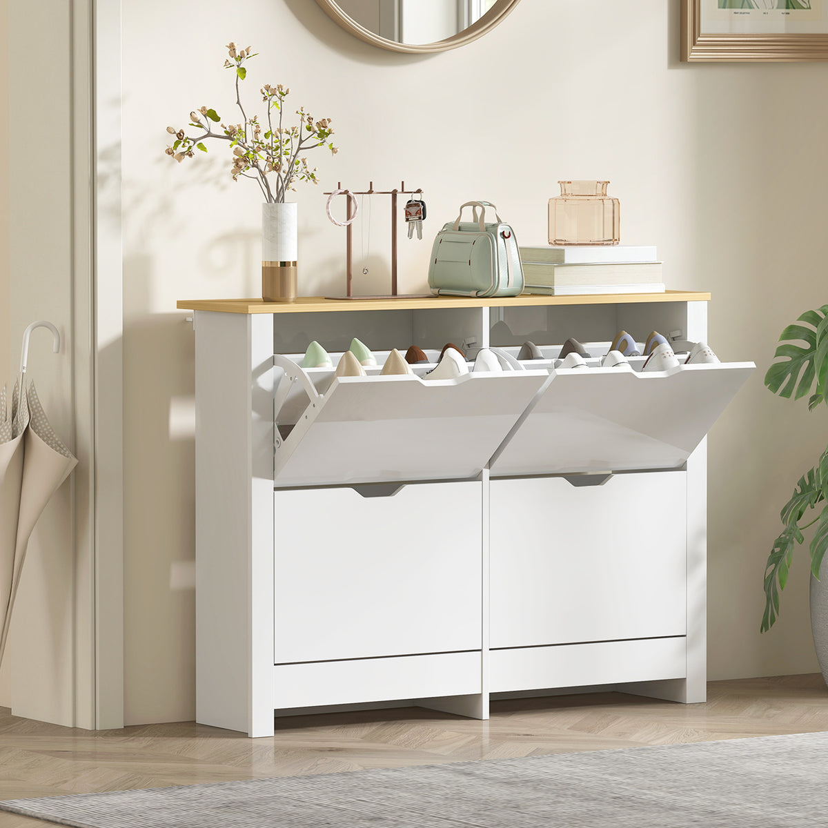Narrow shoe cabinet with 4 tilt-out compartments for 8–16 pairs of shoes, 105 x 26 x 80 cm, white + natural (2)