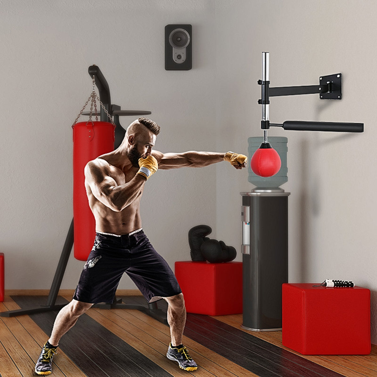 Boxing station with speed bag & reflex bar, wall-mounted, height-adjustable, black/red (2)