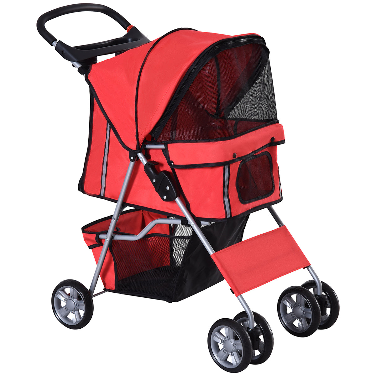 Dog stroller, pet trolley up to 10 kg, foldable with cup holder, sun canopy, red