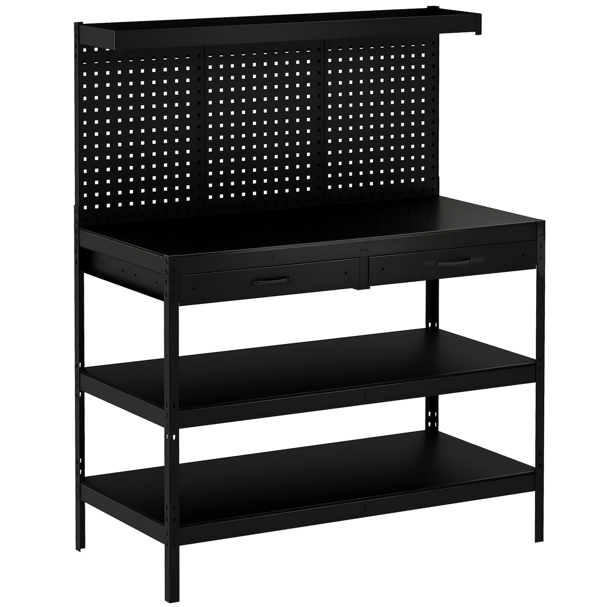 Workbench with adjustable shelves, sturdy workstation with pegboard and 2 drawers, 122 x 61 x 156 cm, Black