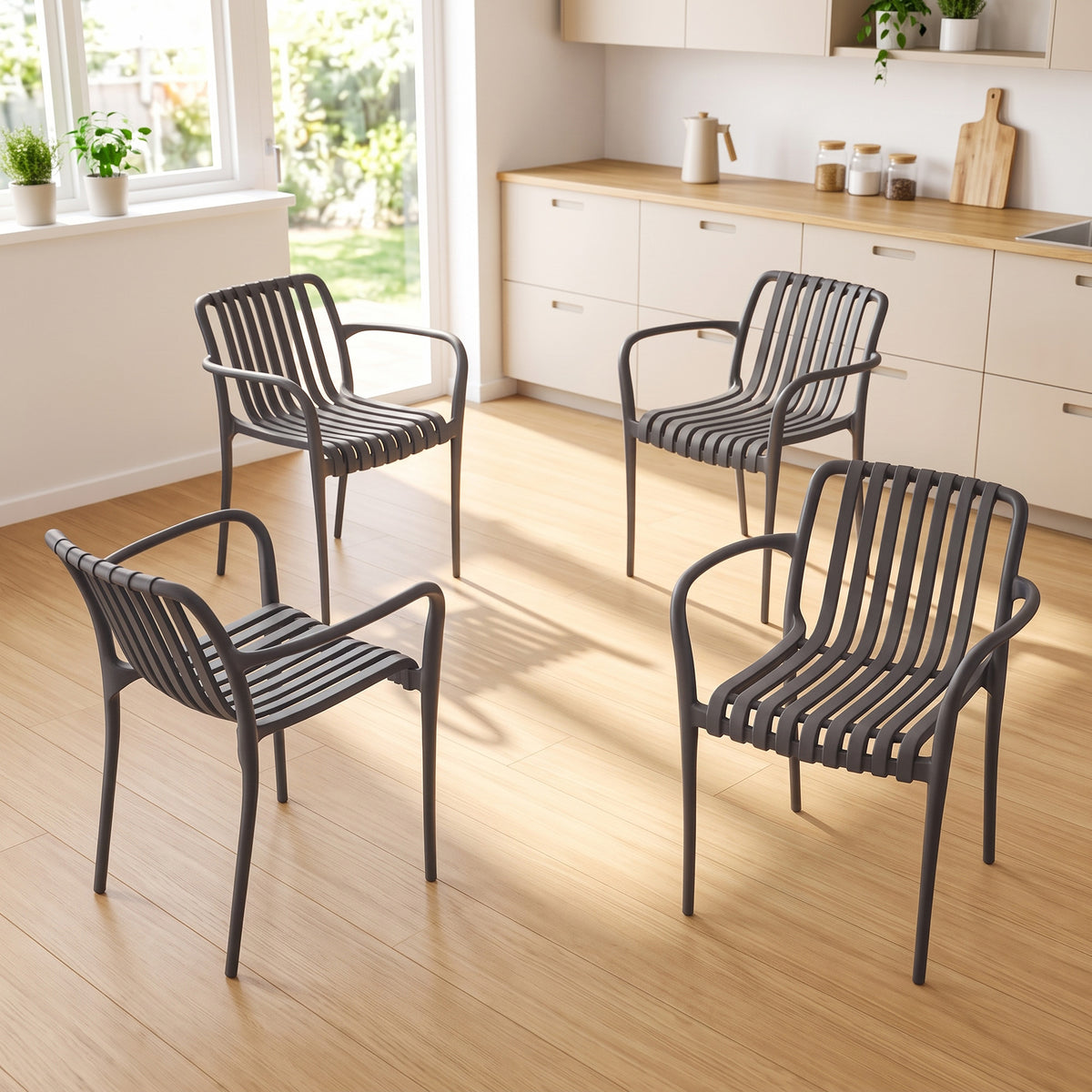 Garden Chairs Set of 4 Stackable Patio Chairs with Slat Design Armrests, Ergonomic Dark Gray (2)