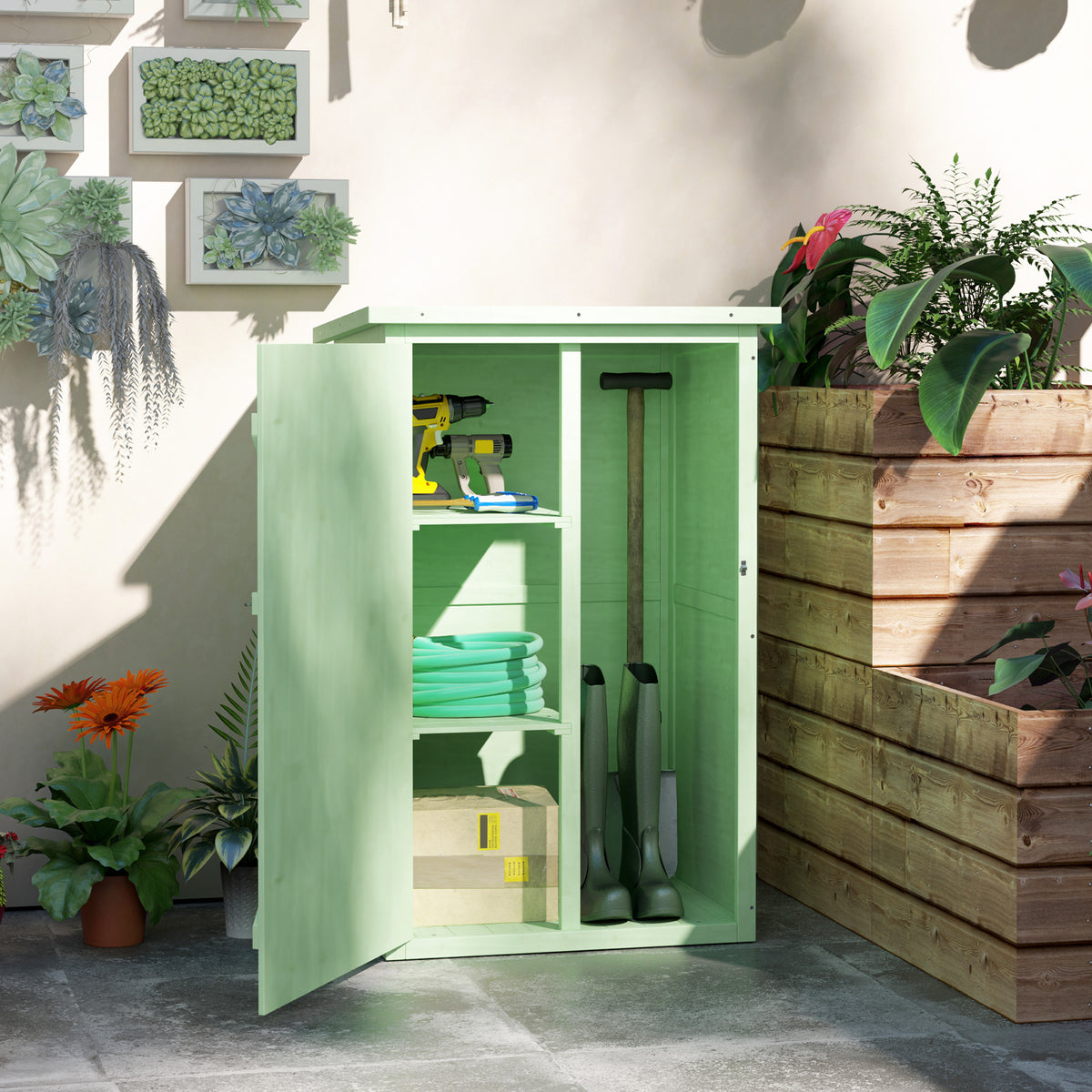 Wooden Garden Cabinet Tool Shed with Shelf Lockable Door Floor Panel Asphalt Pent Roof 75 x 56 x 115 cm (2)