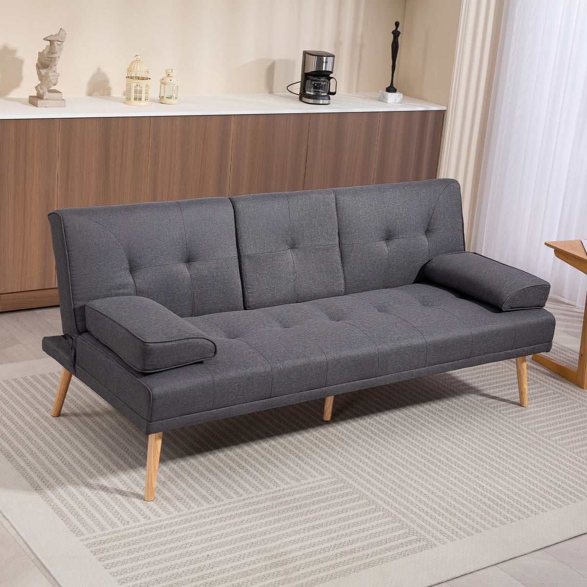 Scandi-style sofa bed, 3-seater sofa, 2 cushions, grey + natural (2)