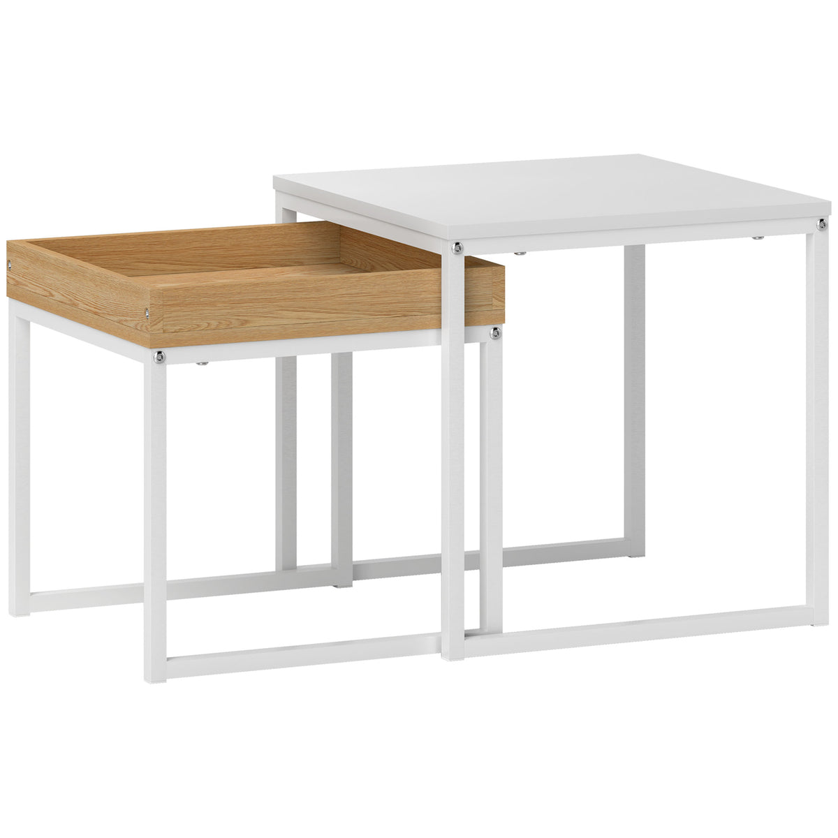 Modern coffee table, set of 2 nesting tables, for small spaces, square, MDF, metal, white