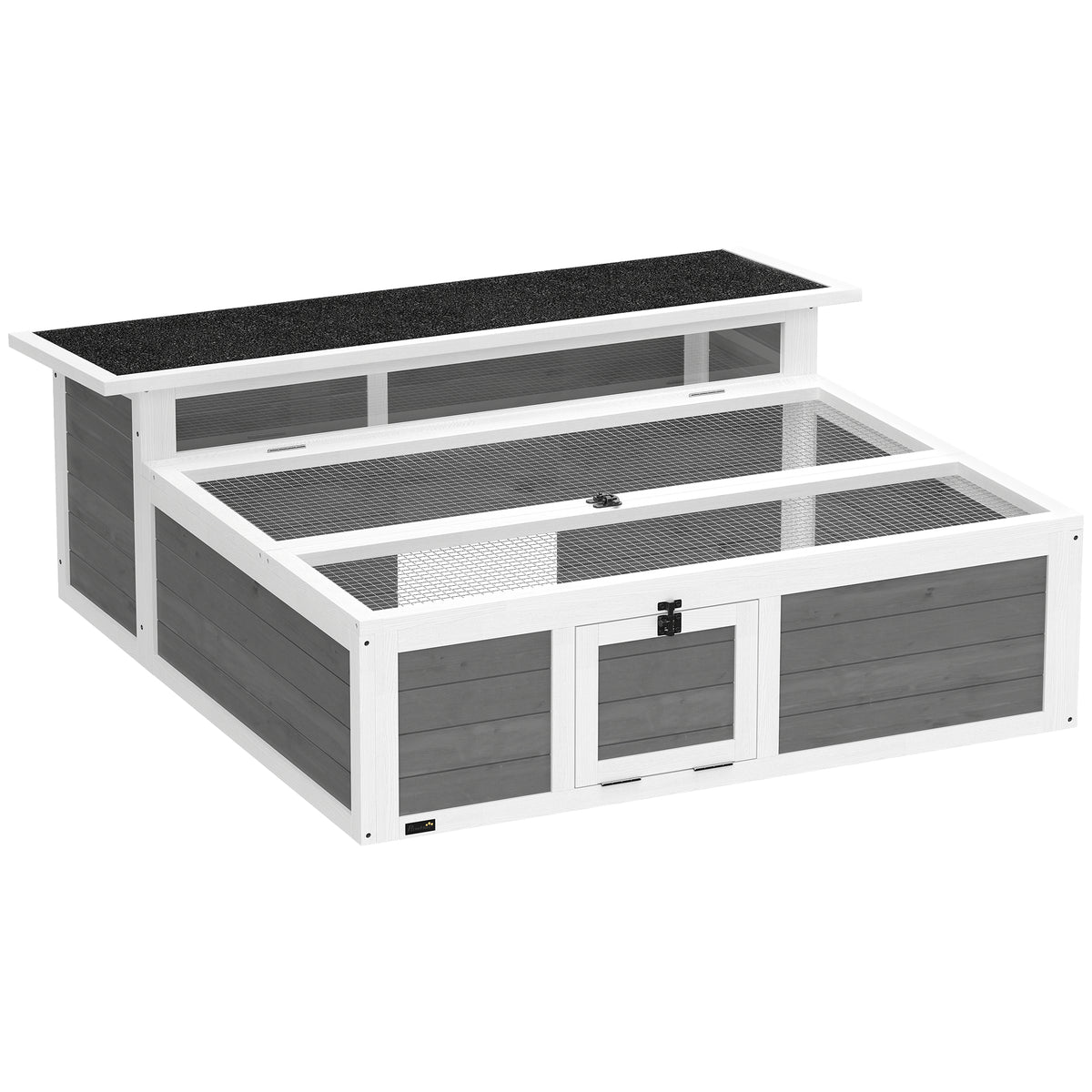 Wooden tortoise house with enclosure, main house, viewing window, hinged top, 2 doors, 113x106.5x44.5 cm, dark