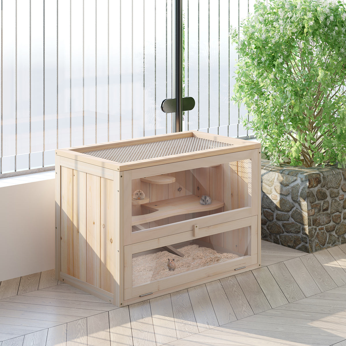 Wooden hamster cage, 2 levels, 60 x 35 x 42 cm, rodent cage, small animal cage with hinged wire roof, water (2)