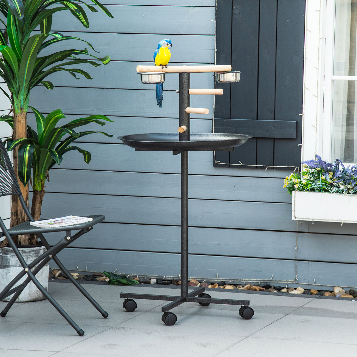 Bird play stand, portable parrot perch with four wheels, stainless steel bowls and round tray (2)