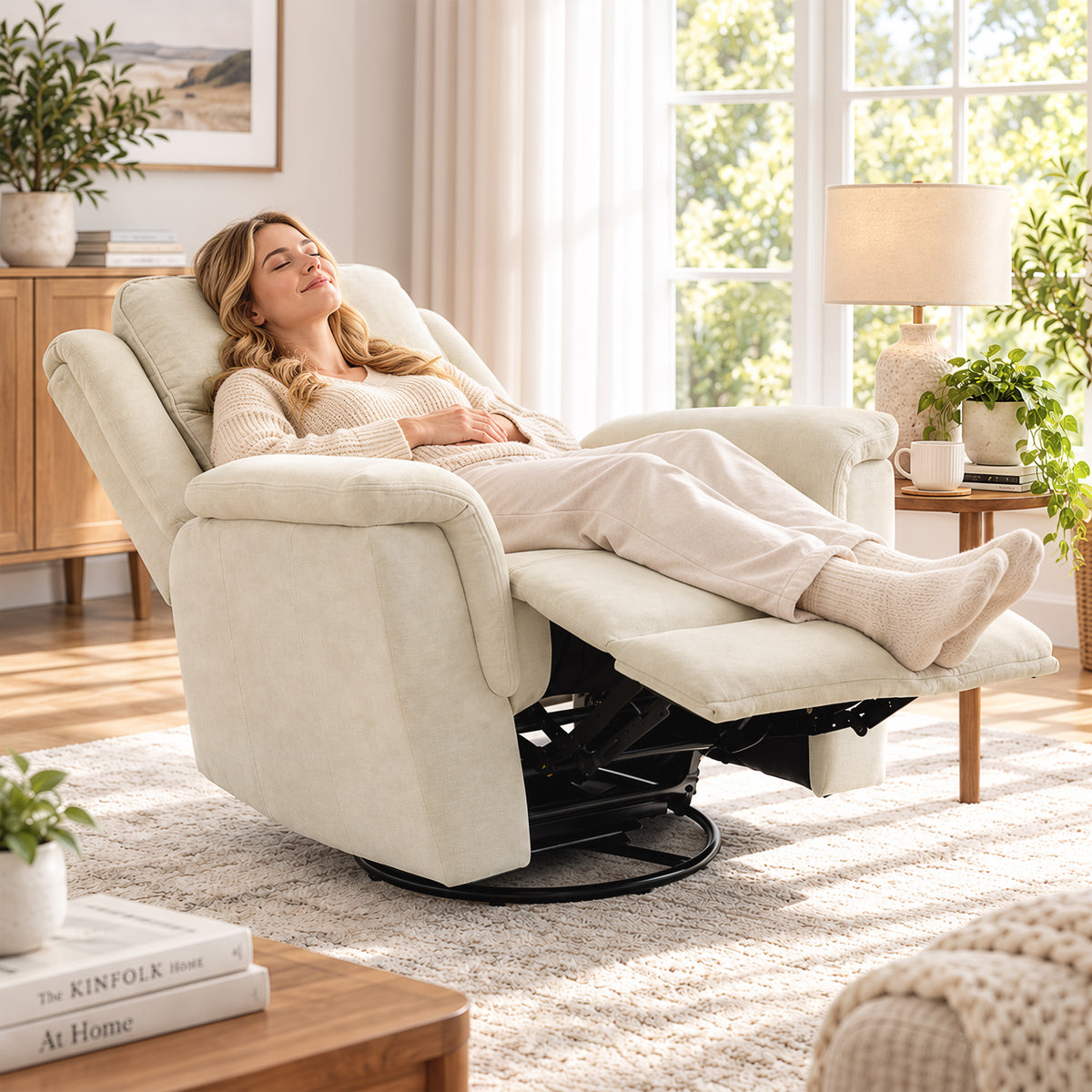 Recliner with reclining and rocking function, TV chair with footrest in cream white (2)