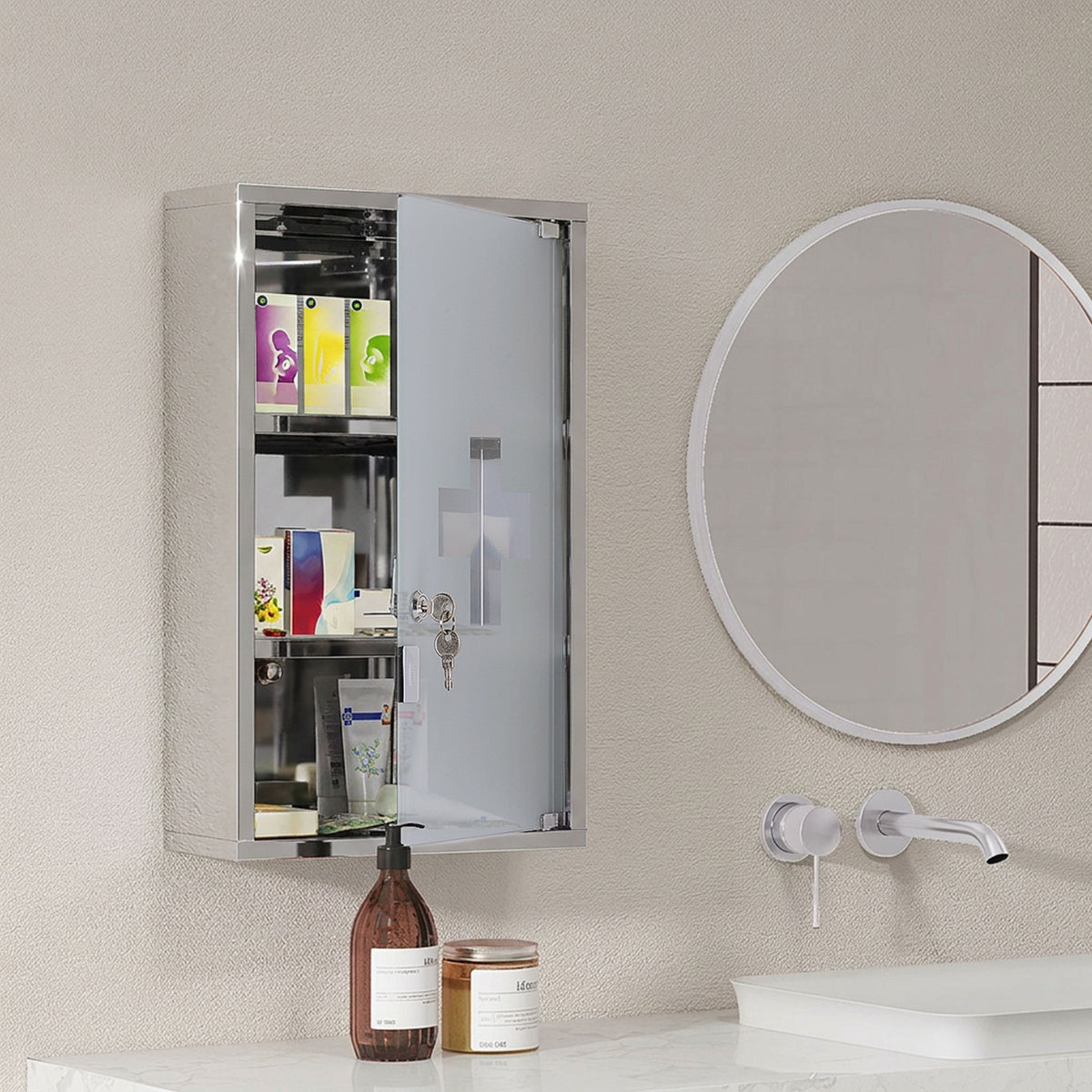 Stainless steel medicine cabinet, lockable medicine chest with 3 compartments, glass door pharmacy cabinet for (2)