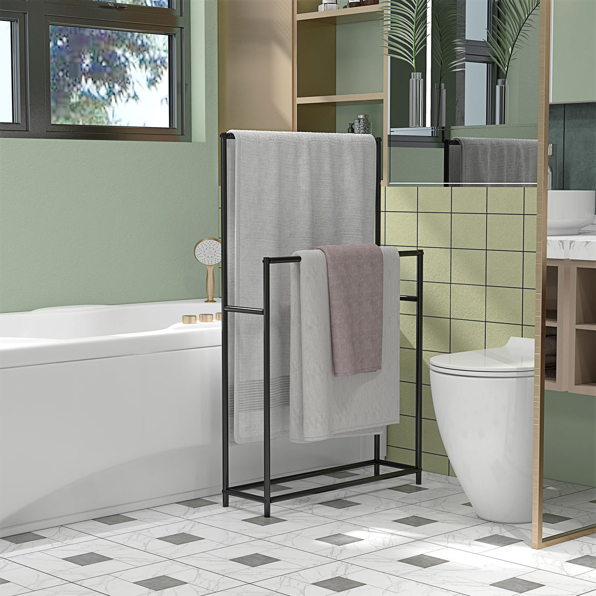 Towel rack, freestanding, 2 bars, rustproof, 66x20x110cm, black (2)