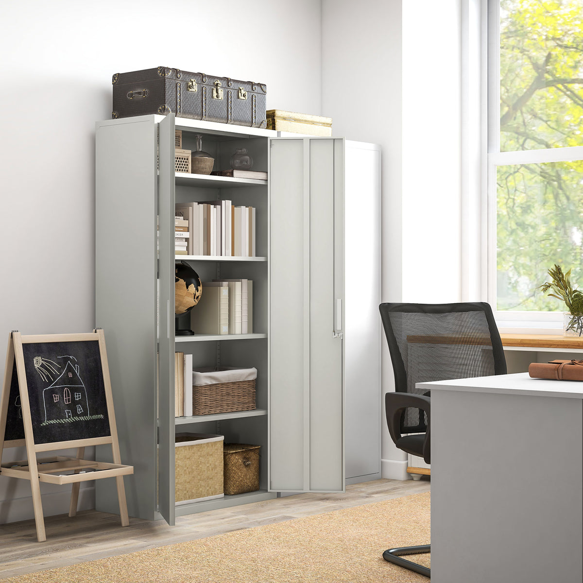 Filing cabinet, office cabinet, 5 shelves, metal, 80W x 40D x 180H cm, white (2)