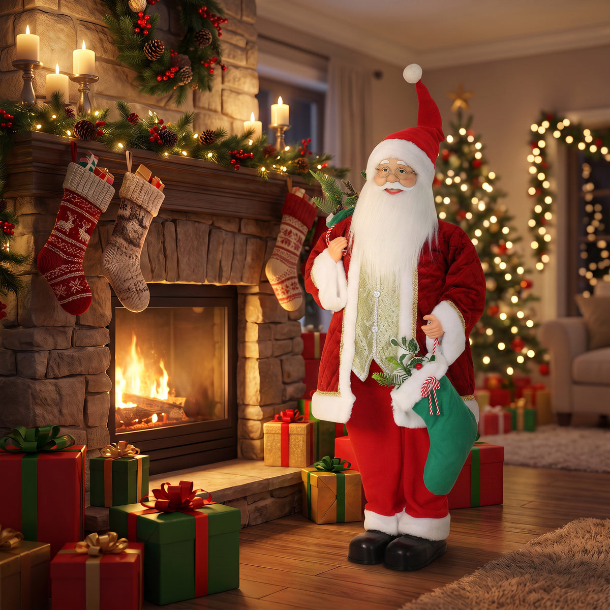 120 cm singing & dancing Santa Claus, standing animated Christmas figure with stocking, sack, activated by (2)