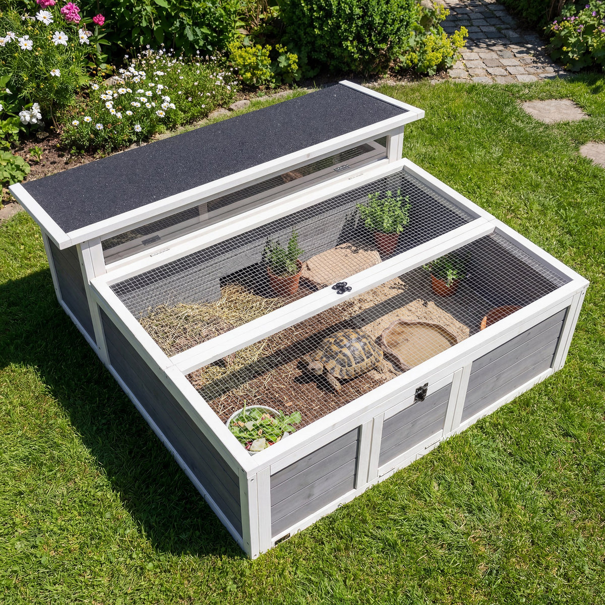Wooden tortoise house with enclosure, main house, viewing window, hinged top, 2 doors, 113x106.5x44.5 cm, dark (2)