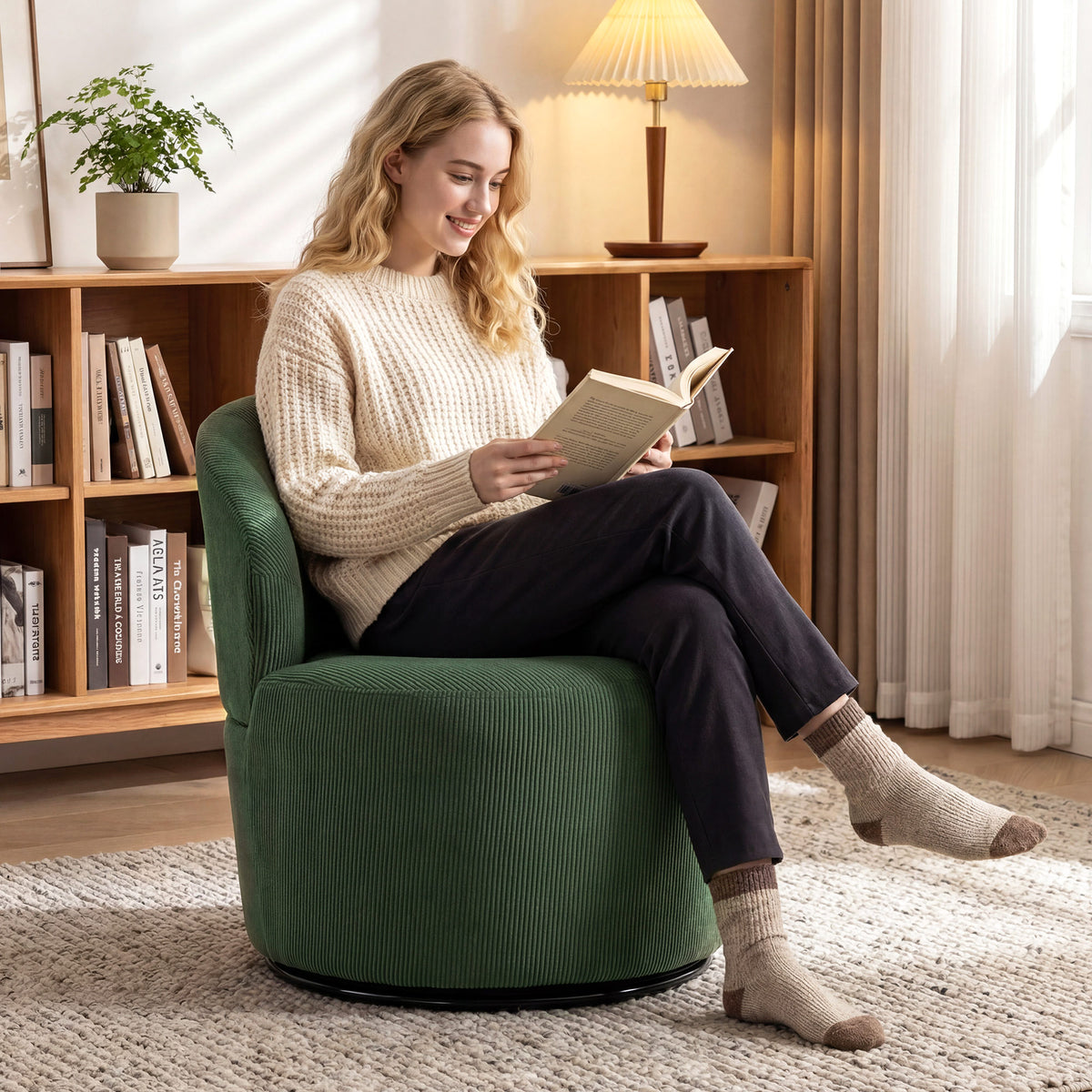 Accent chair, 360-degree swivel, modern swivel armchair with circular base, for living room and bedroom, green (2)