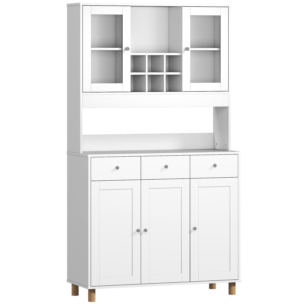 180 cm kitchen cabinet, 2 glass doors, 3 drawers, 4 adjustable shelves, dining room cabinet, chipboard, white