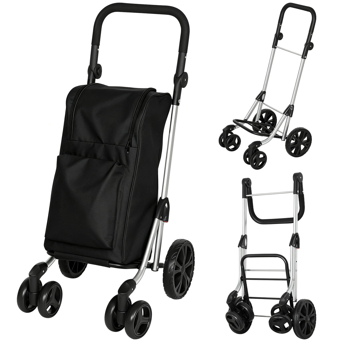 Shopping trolley, 46-liter bag, foldable shopping cart with cooler bag, adjustable handle, aluminum frame, black