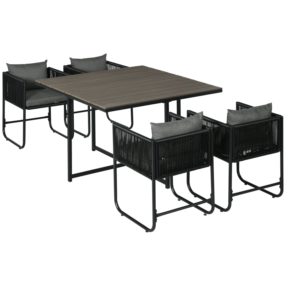 Outdoor dining set, garden furniture, 5-piece, polyrattan, seat cushions, weather-resistant, black/grey