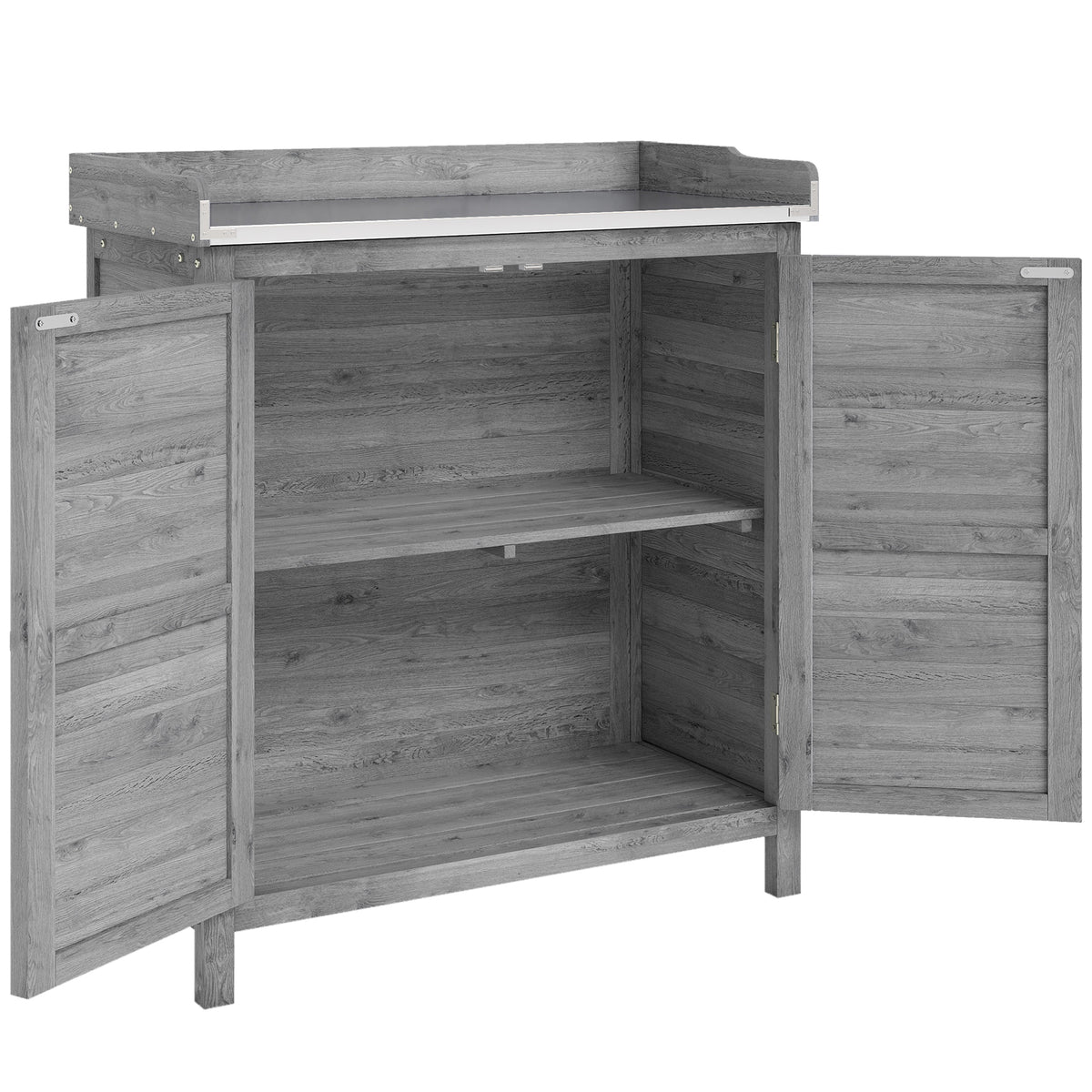 Garden cabinet with potting bench, wooden tool shed with galvanized worktop, 2 shelves, gray