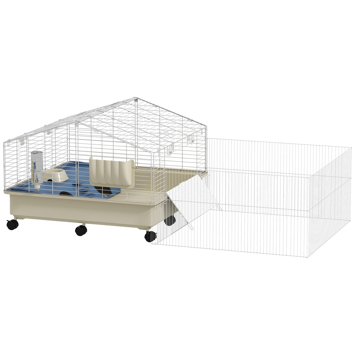 Small animal cage, balcony, ramp, feeding trough, water bottle, 2-tier design, white