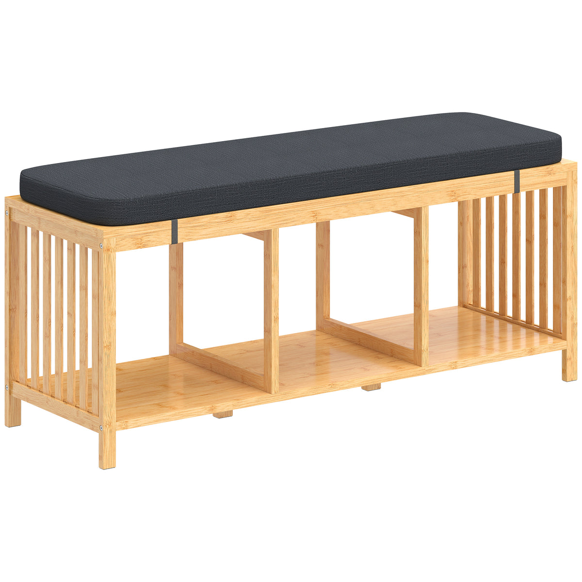 Bamboo shoe bench, hallway bench with upholstered seat cushion and open shelf, natural wood look