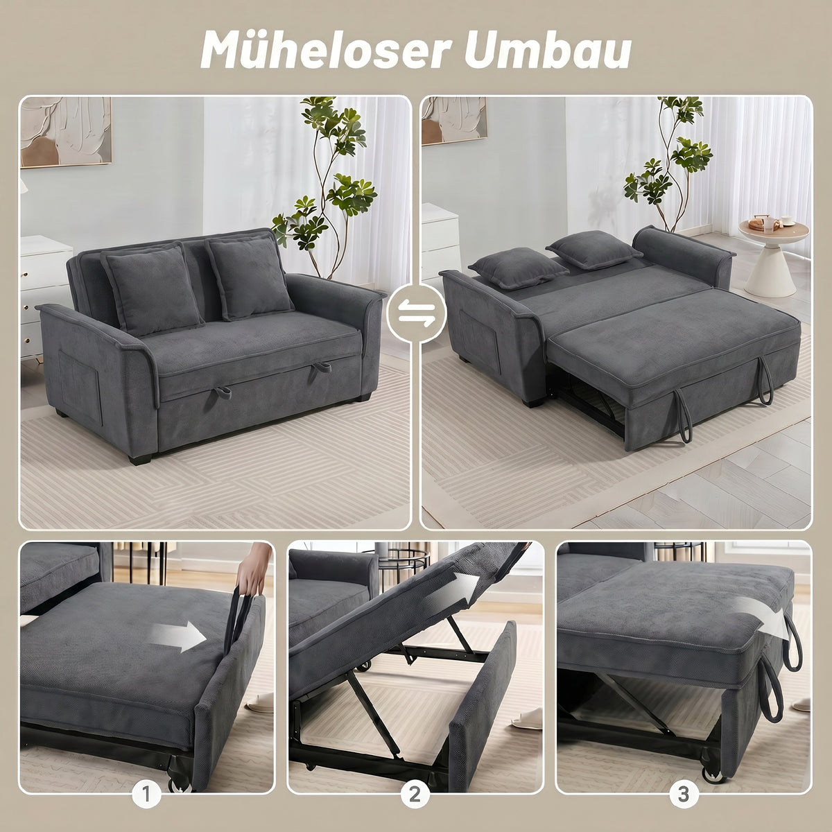 Futon sofa bed, adjustable backrest, 2-seater with 2 cushions, dark grey (4)