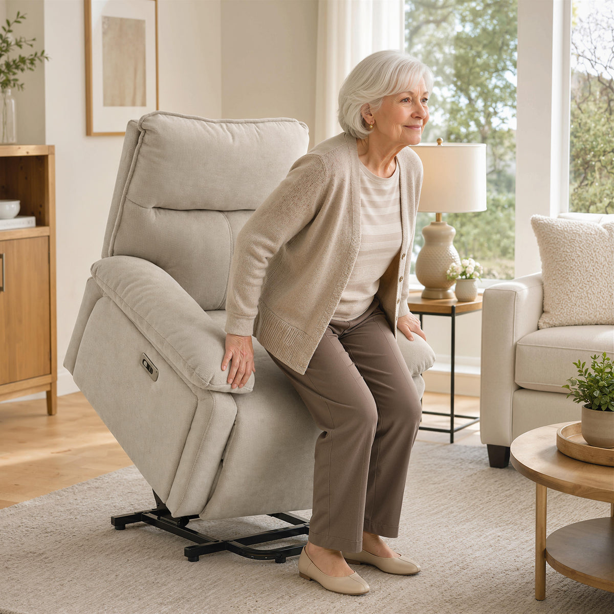 Electric lift recliner with massage & heat, chenille relax chair with high-density foam and thick backrest (2)